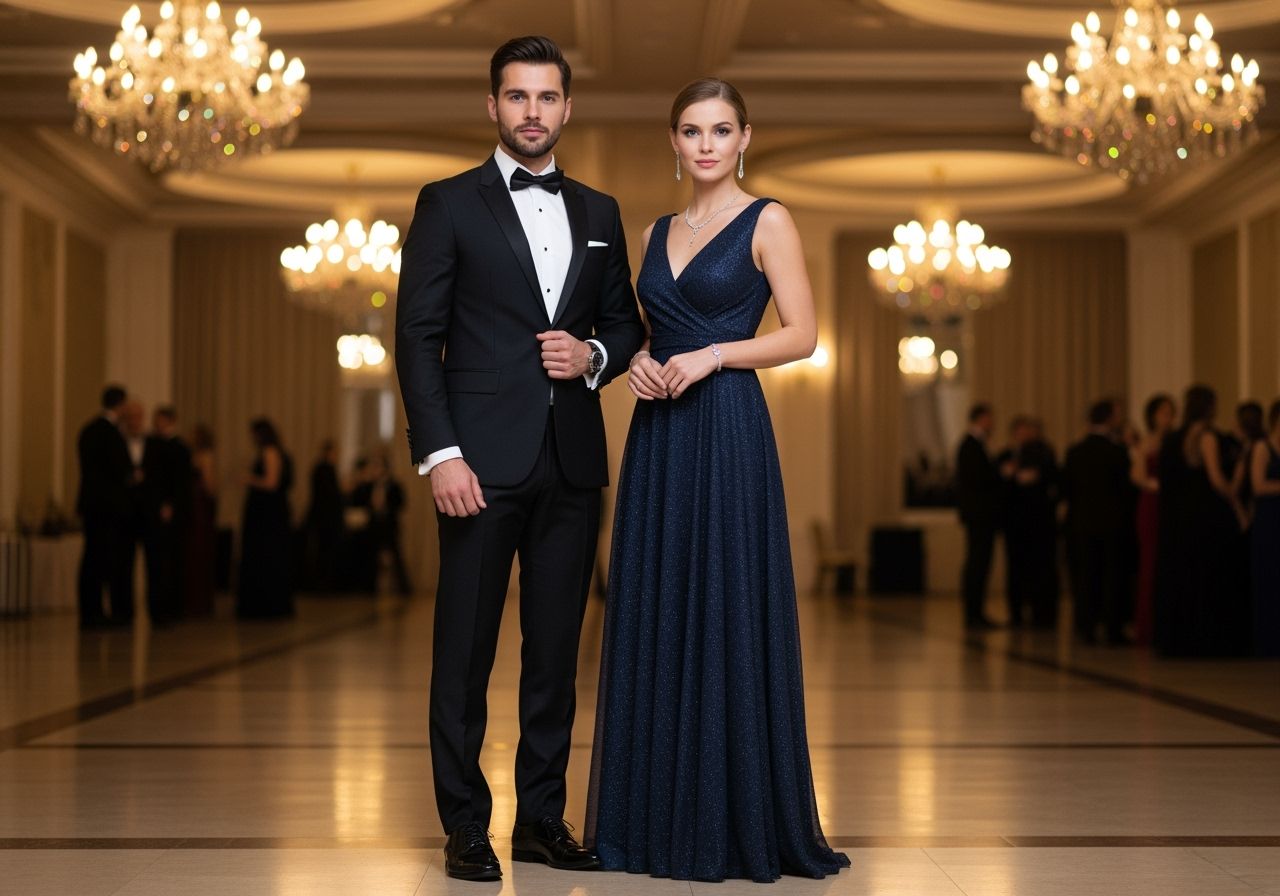 elegantní pár na firemním plese v slavnostním oblečení a taneční póze
