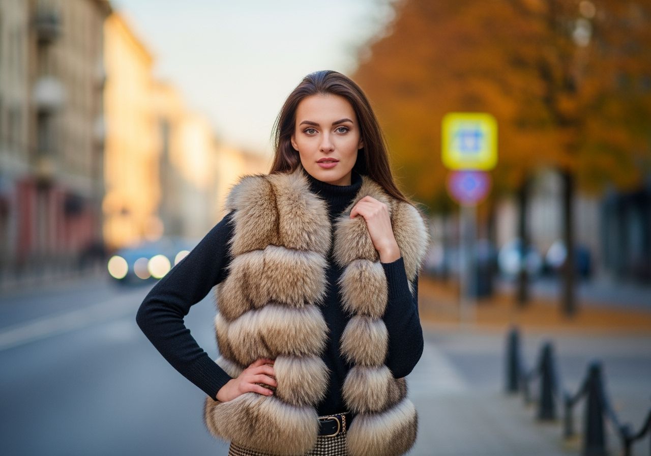 Žena stojící ve městě s kožešinou přes ramena, pohled do dálky.