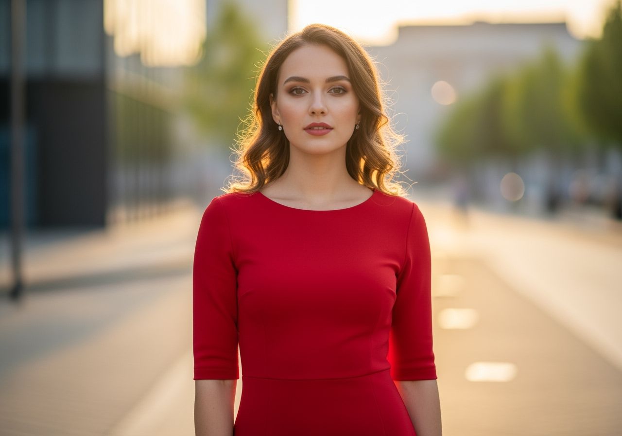 žena v červených šatech stojí ve městě mezi budovami