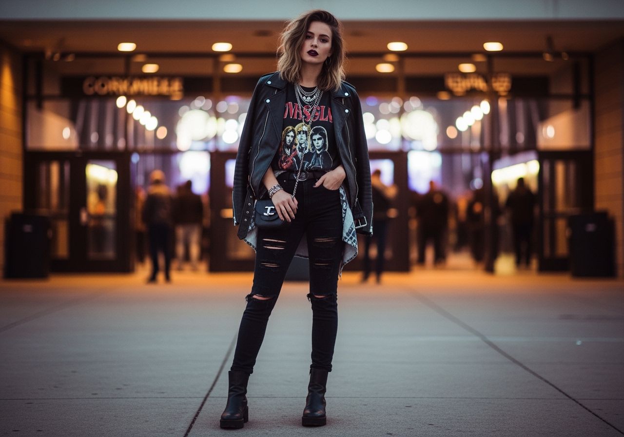 dívka stojící před koncertem rockové kapely v davu fanoušků