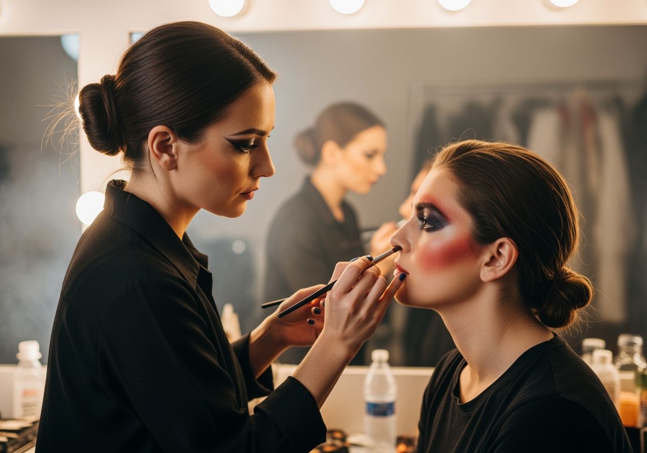 divadelní malířka aplikuje make-up herci před představením