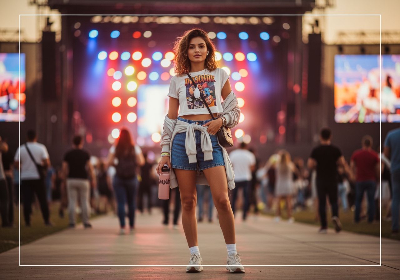 Mladá žena v trendy oblečení na koncertu s barevnými světly a davem v pozadí večer