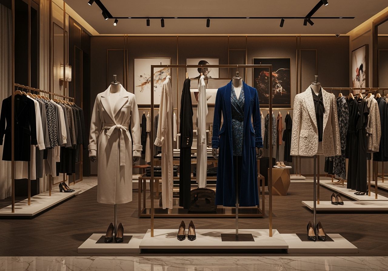 Luxusní butik s elegantním oblečením, mramorovou podlahou a zlatými detaily ve teplém osvětlení