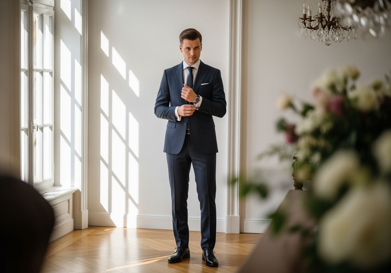 Muž v tmavě modrém obleku upravuje manžetový knoflík v elegantní místnosti se světlem z okna