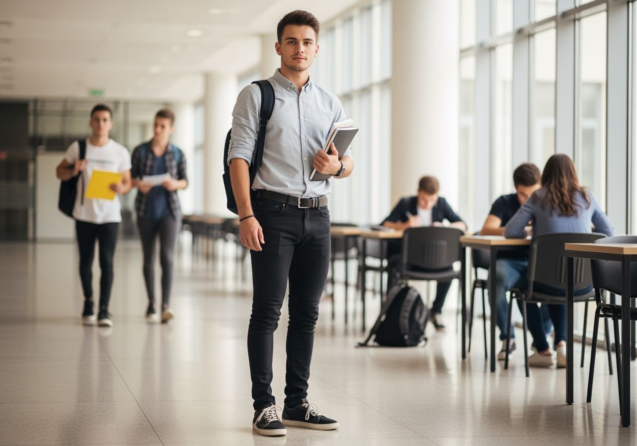 Student na moderní univerzitě s učebnicemi a batohem připravený na zkoušky