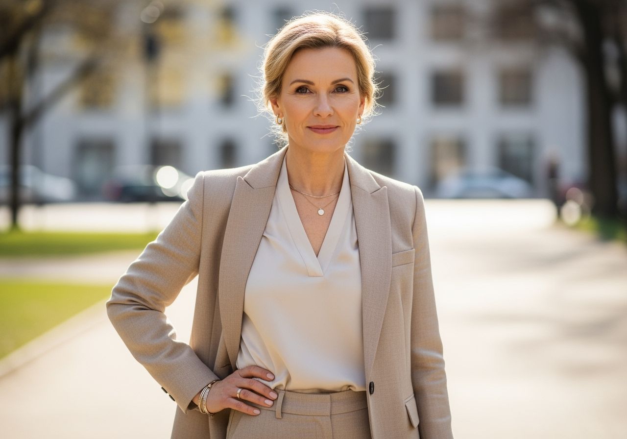 Mužská žena ve věku 50 let stojí v parku, má na sobě béžový blejzr a přírodní účes.