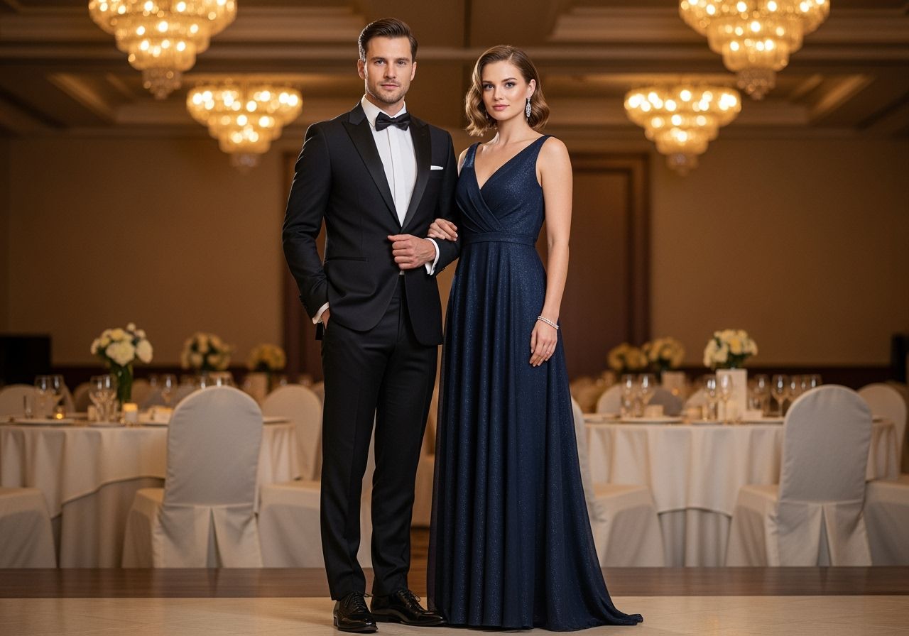 Elegantní pár v sále na formální akci, muž v smokingu, žena v dlouhých šatech, osvětlení z lustru
