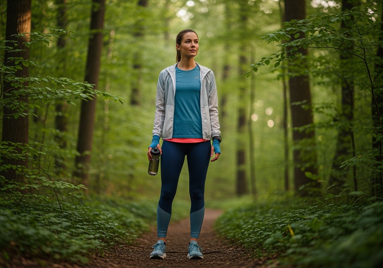 žena běžkyně s láhví vody na lesní stezce za ranního světla v sportovním oblečení