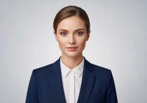 Mladá žena připravující se na pasovou fotografii, oblečená v bílé košili a tmavém saku před šedým pozadím