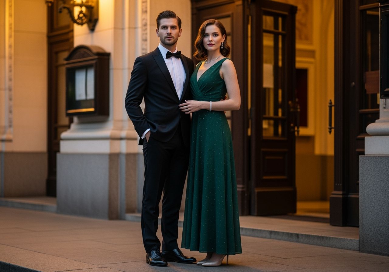 Elegantní pár před operou večer, muž v smokingu, žena v zelených šatech, zlaté světlo, luxusní atmosféra