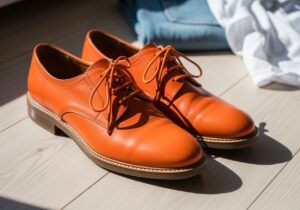 Oranžové kožené boty na světlé dřevěné podlaze s částečně viditelným džíny a bílým tričkem