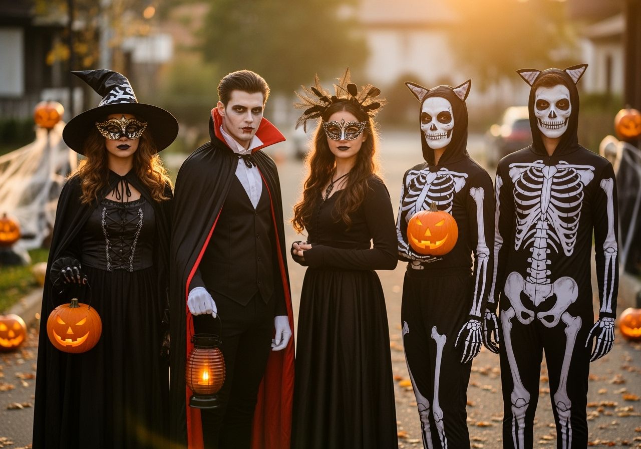Mladí lidé v různých maskách na Halloween stojí venku při západu slunce s dýňovými lucernami.
