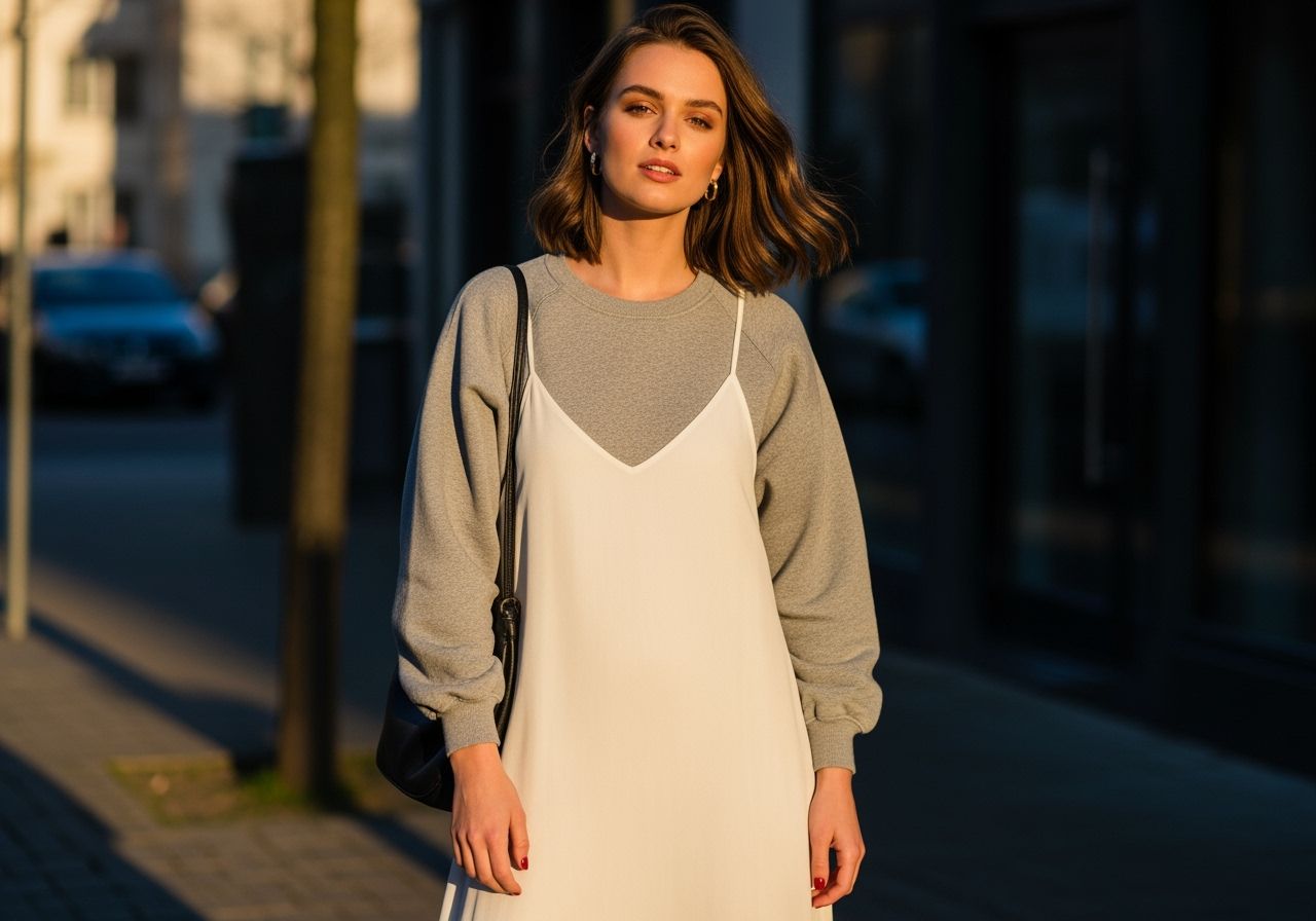 Stylová žena v městském prostředí v oversized svetru a midi šatech při zlaté hodince