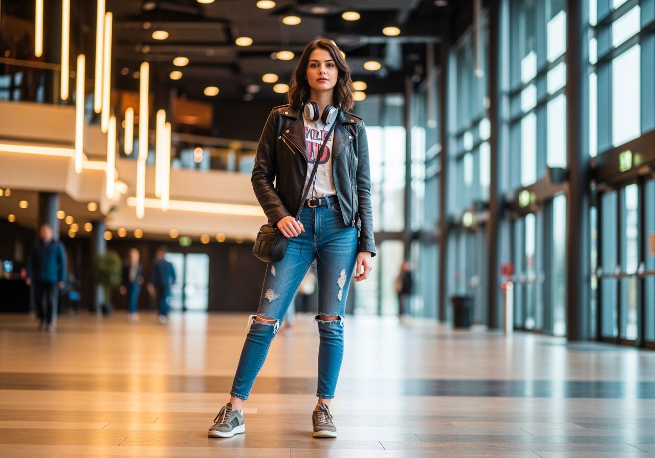 Mladá žena v kůženkové bundě a sluchátky stojí v lobby koncertní haly před začátkem vystoupení