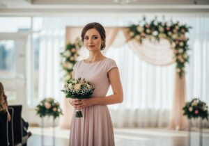 Mladá žena v pastelových šatech drží kytici na svatbě v elegantním prostředí s jemným osvětlením.