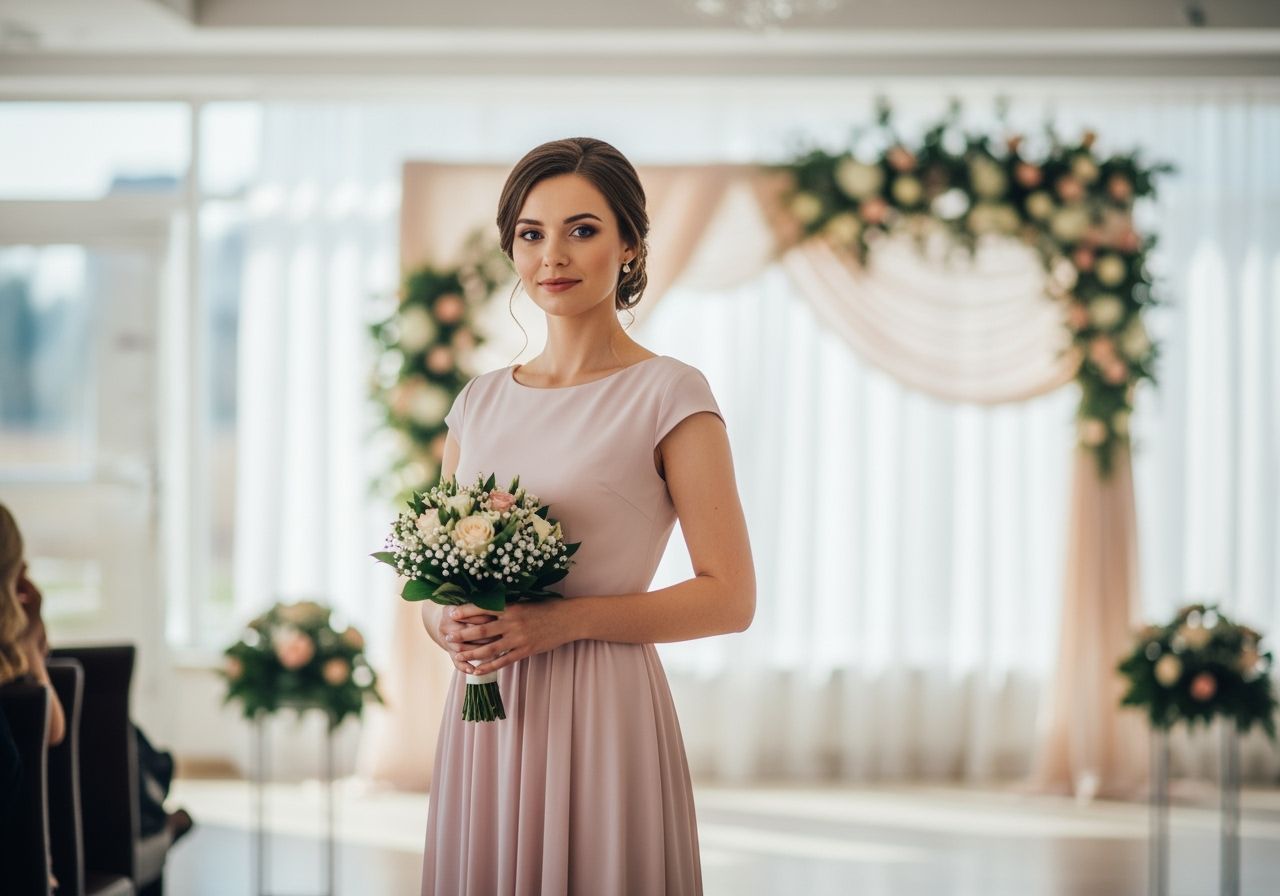 Mladá žena v pastelových šatech drží kytici na svatbě v elegantním prostředí s jemným osvětlením.