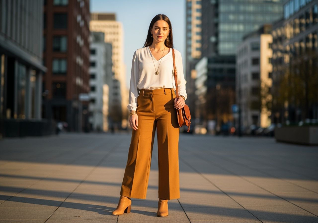 Stylová žena v okrových kalhotách a bílé blůze stojí ve městě za zlaté hodiny.