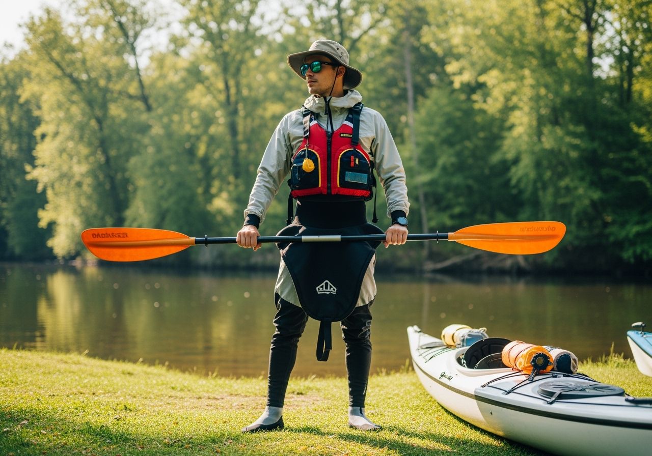 Osoba připravující se na kajakářský výlet u klidné řeky s pádlem a kajakem na břehu.