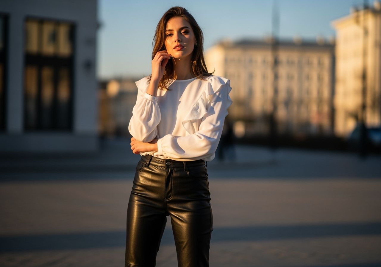 Mladá žena v černých kožených kalhotách a bílé halence stojí ve městě při zlaté hodině.