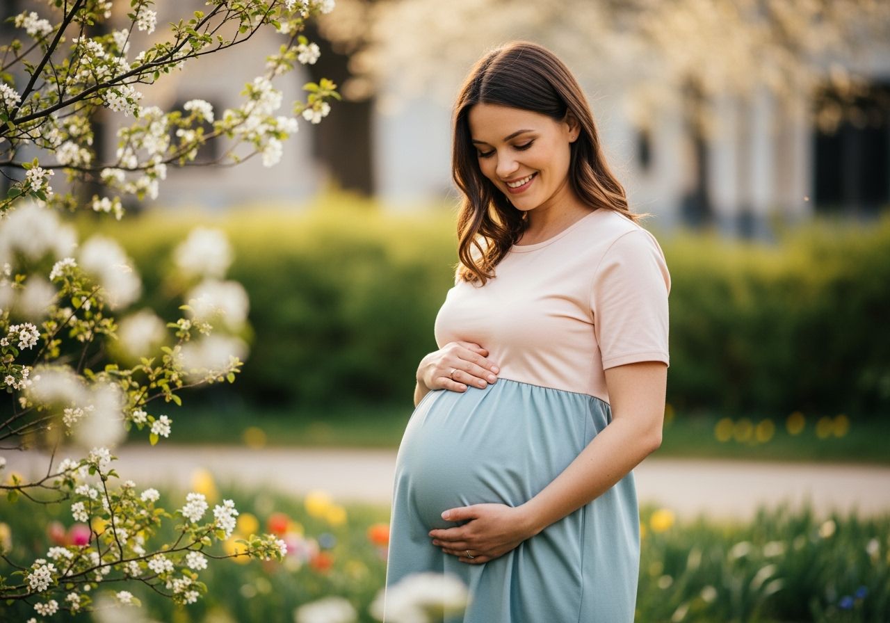 Těhotná žena v pastelových šatech drží bříško venku mezi květinami v městském parku.