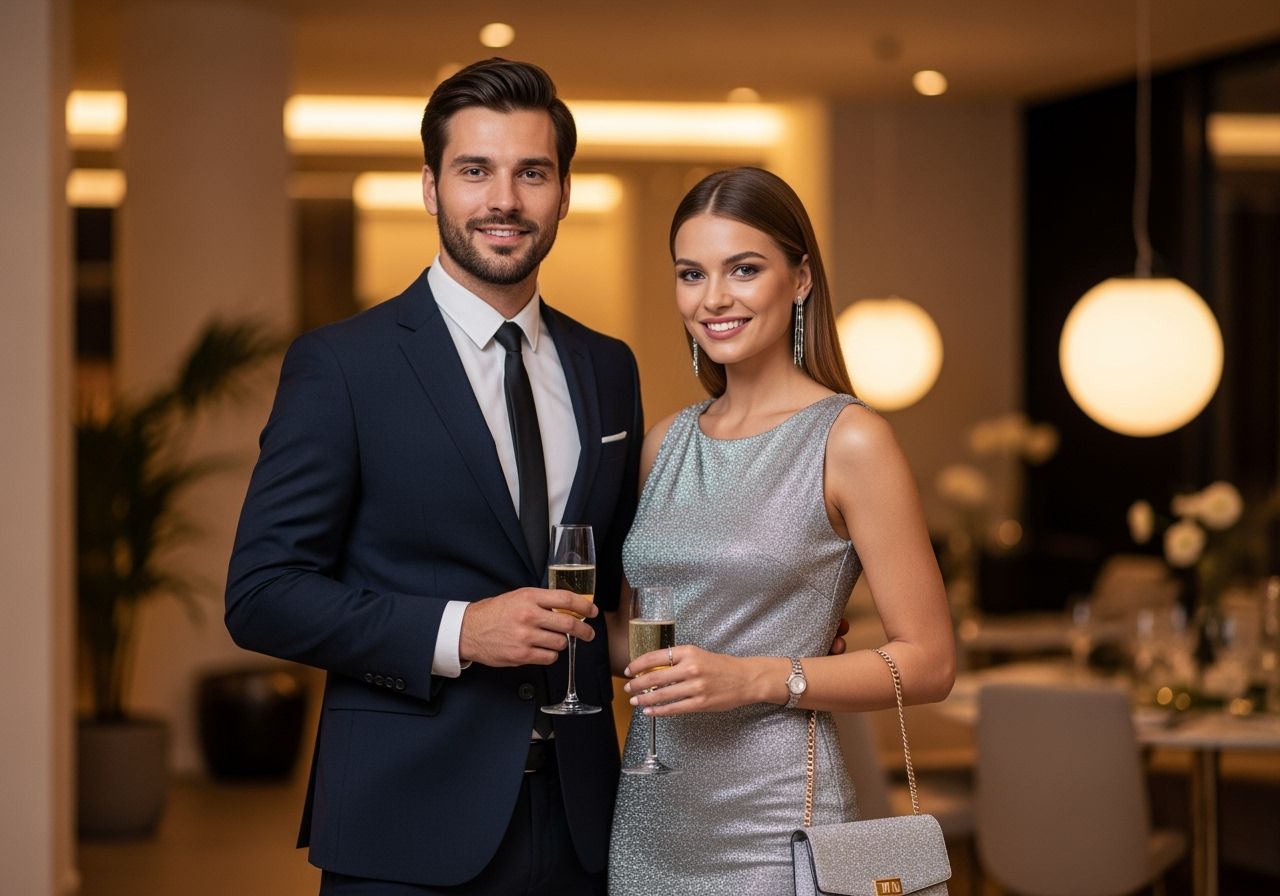 Muž v tmavém obleku a žena ve stříbrných šatech na elegantní firemní party se sklenkami šampaňského