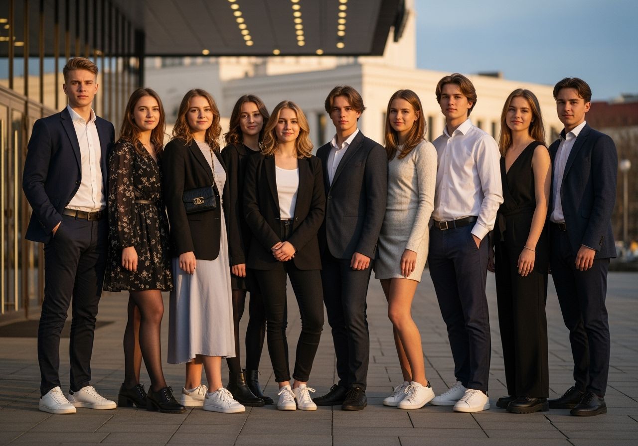 Skupina mladých lidí stojí před moderním divadlem večer v elegantním oblečení bez log nebo textů.