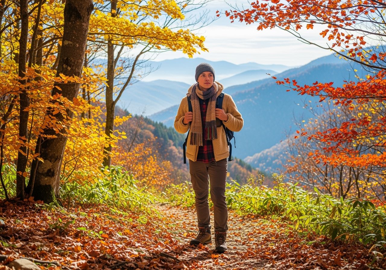 Mladý turista v podzimním oblečení na horské stezce s barevnými listy a výhledem na kopce