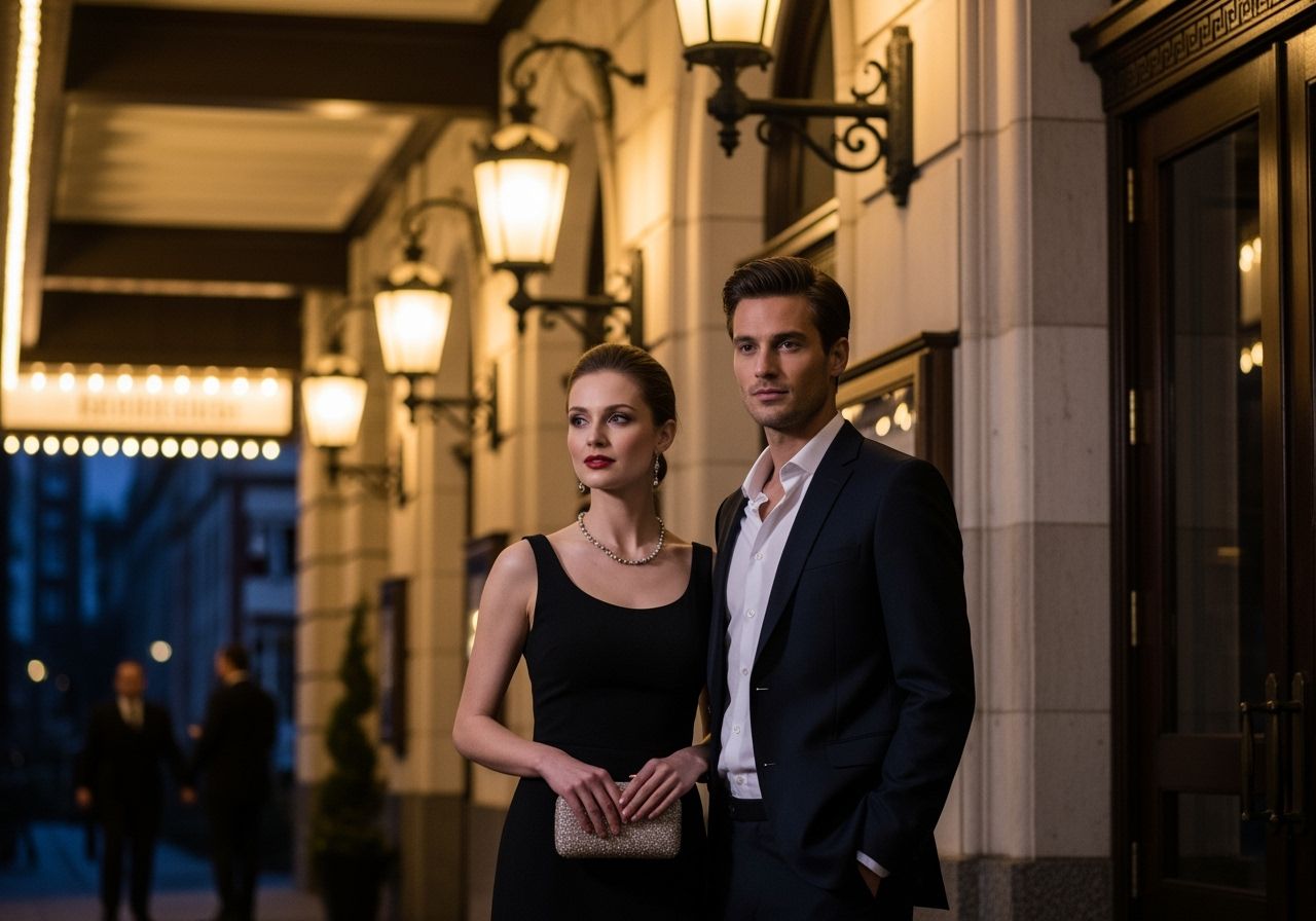 Muž a žena ve večerním oblečení stojí před historickým divadlem osvětleným lampami.