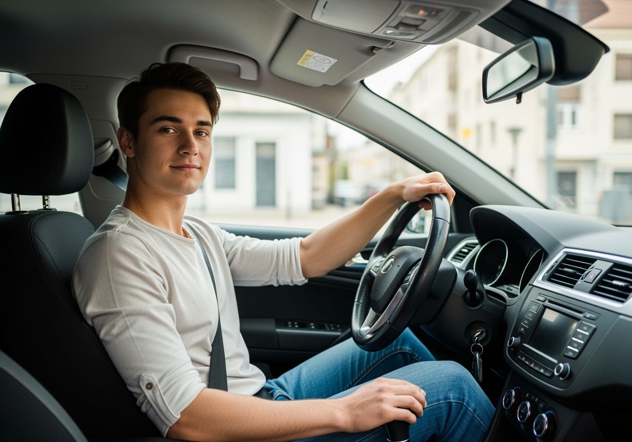 Mladý dospělý sedí za volantem v autě připraven na řidičskou zkoušku, s klidným výrazem.