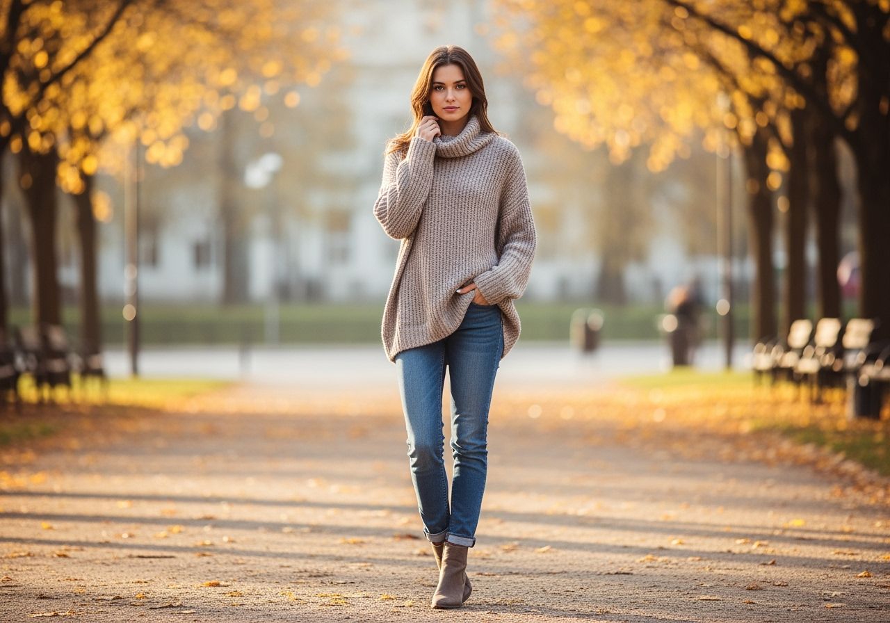 Mladá žena v městském parku v oversize svetru a džínách na podzimním pozadí zlatých listů