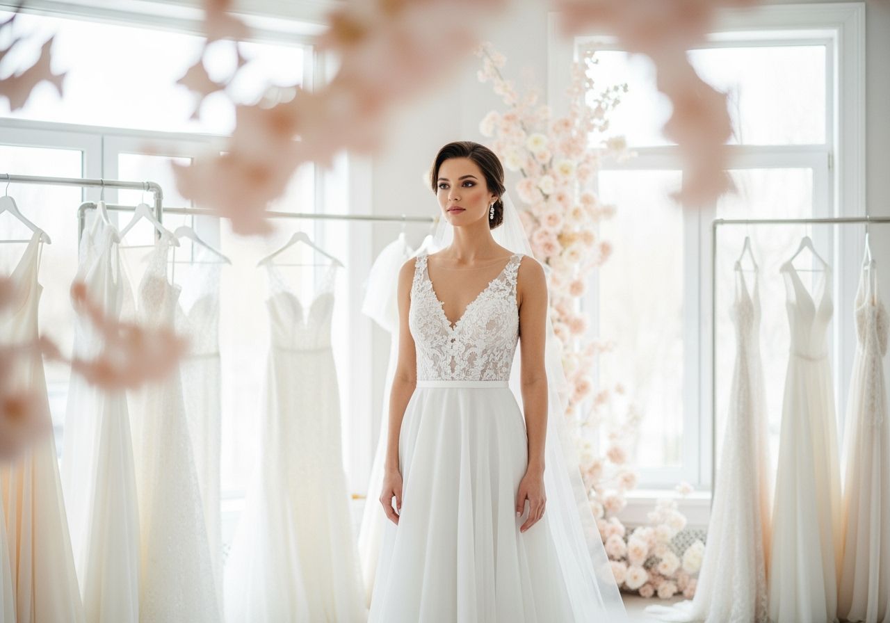 Nevěsta v moderních bílých šatech stojí v luxusním salonu svatebních šatů s prosvětlenými okny.