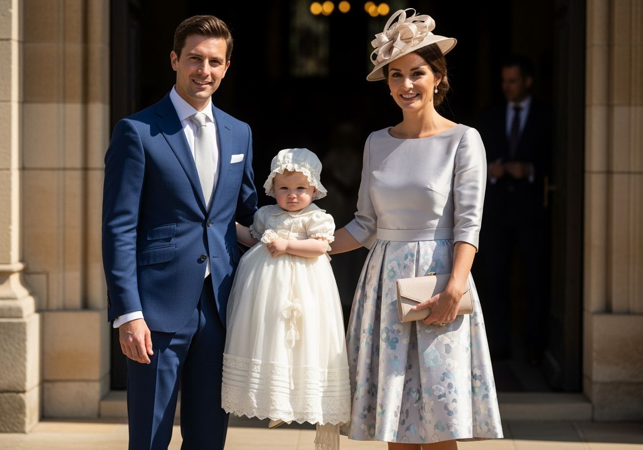 Rodina v elegantním oblečení před kostelem při křtu s dítětem v bílých šatech.