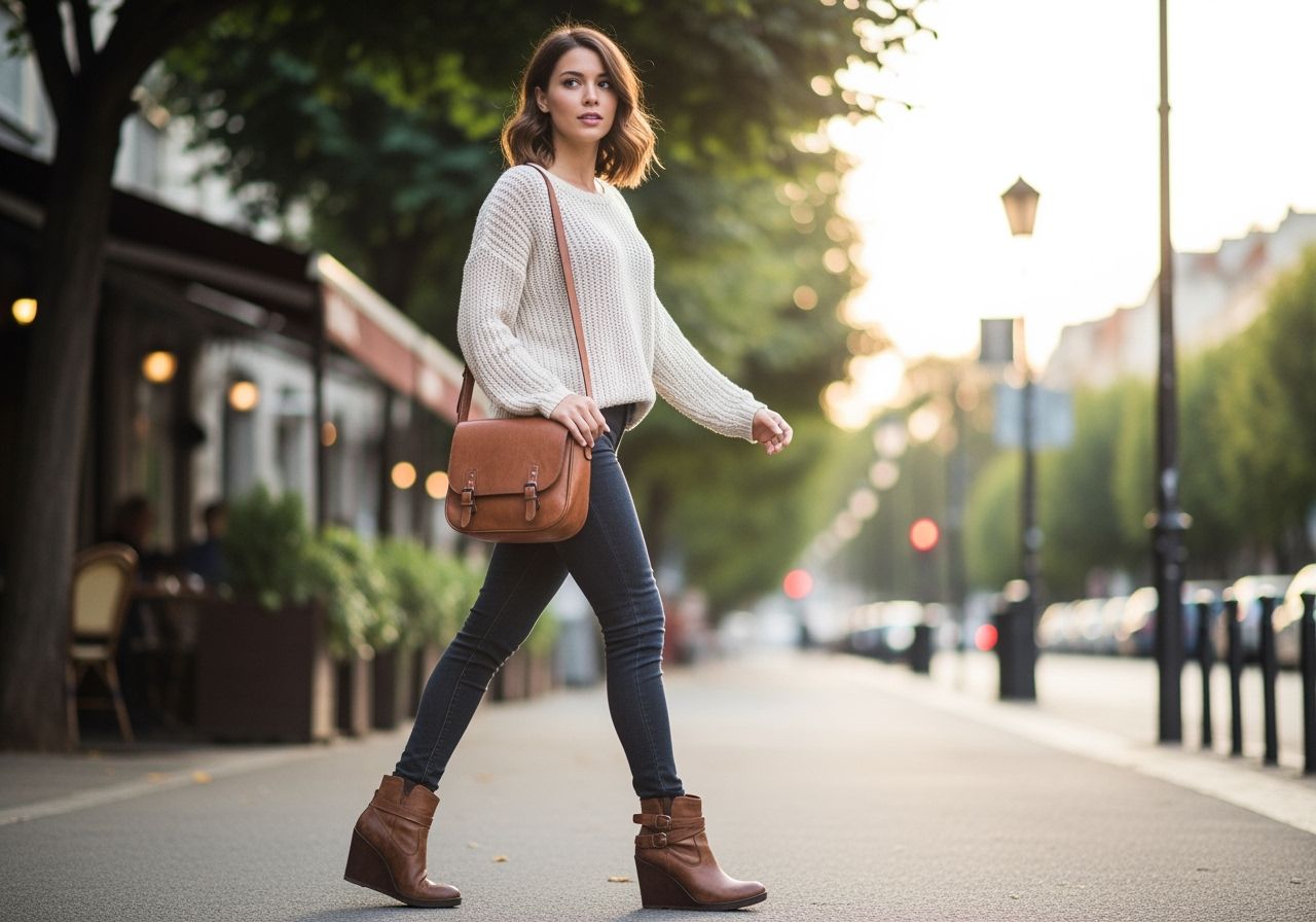 Mladá žena kráčí městskou ulicí v kotníkových botách na klínu a ležérním oblečení za denního světla.