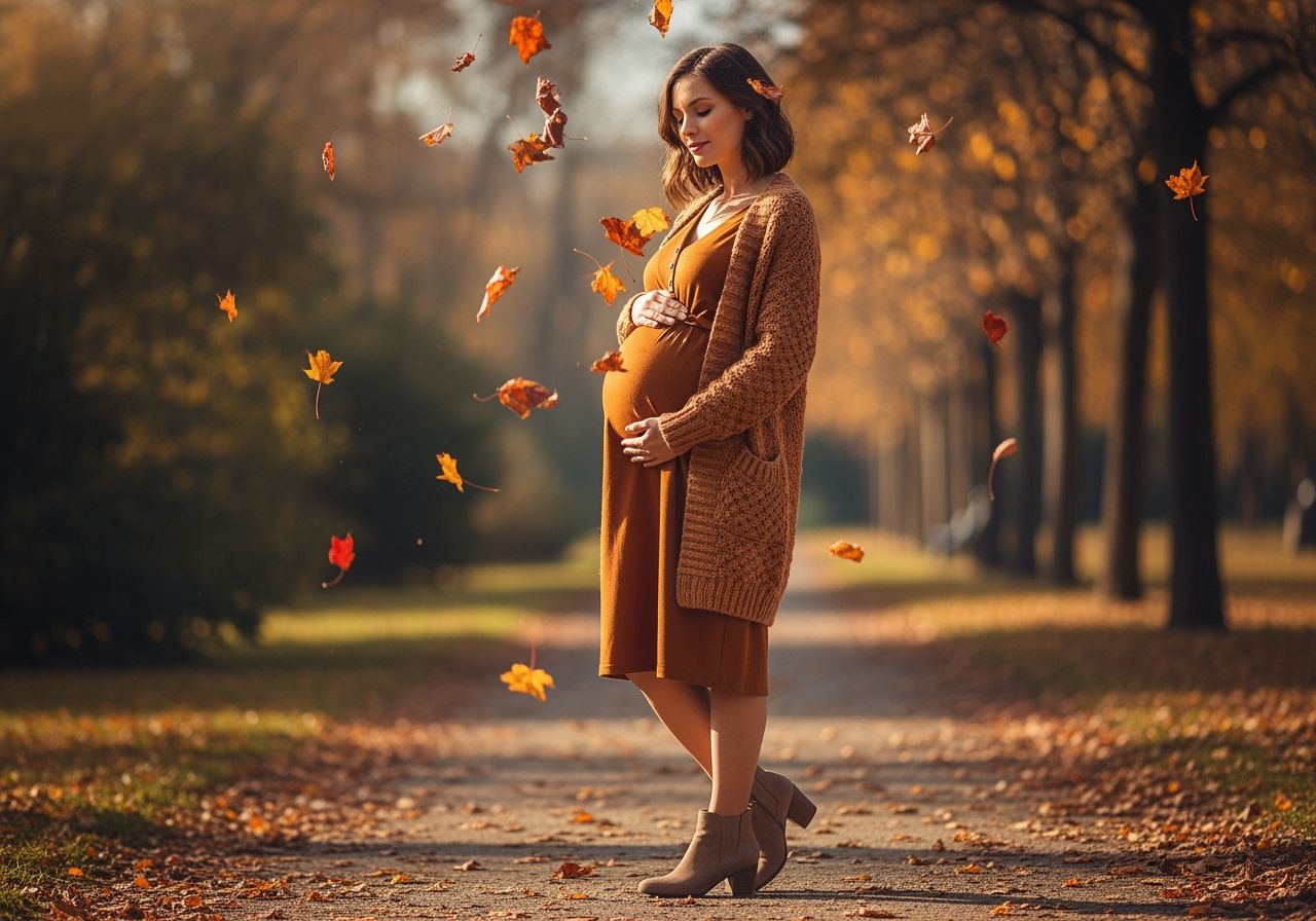 Těhotná žena v podzimním oblečení stojí venku mezi padajícím listím v parku.