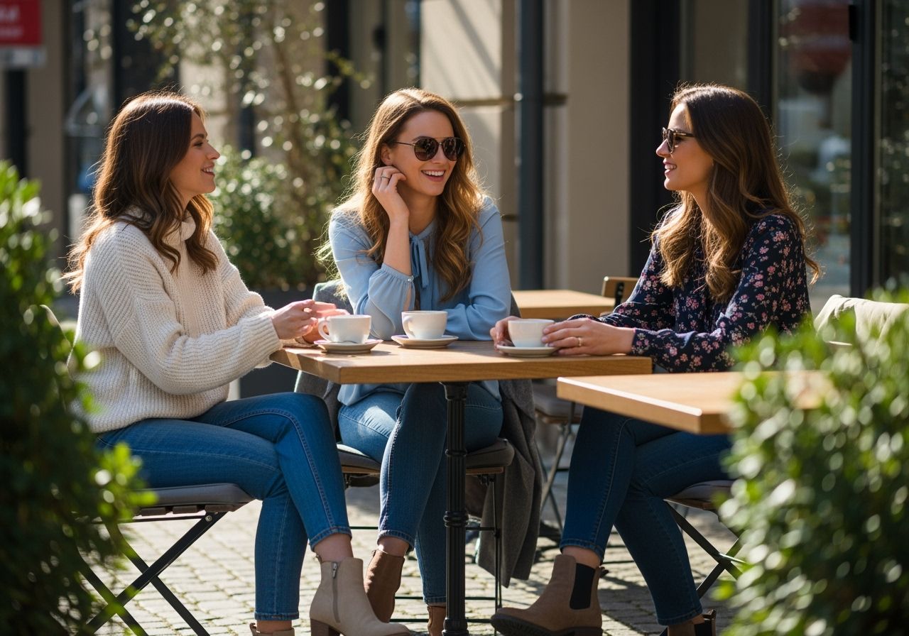 Tři ženy sedí venku v kavárně, v pohodlném oblečení, pijí kávu a smějí se u stolu.