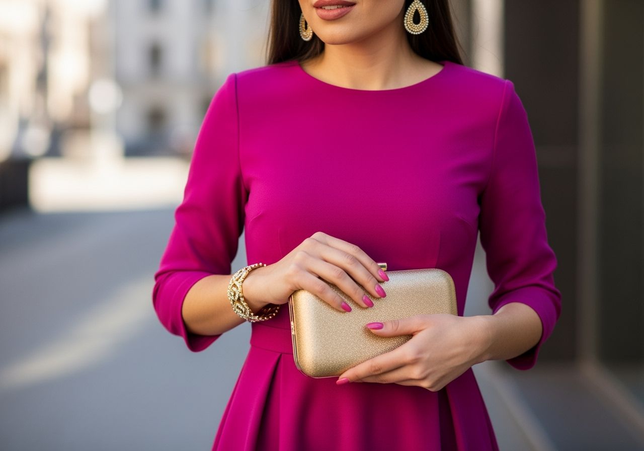 Stylová žena v růžových šatech s zlatou kabelkou a šperky na rozmazaném městském pozadí