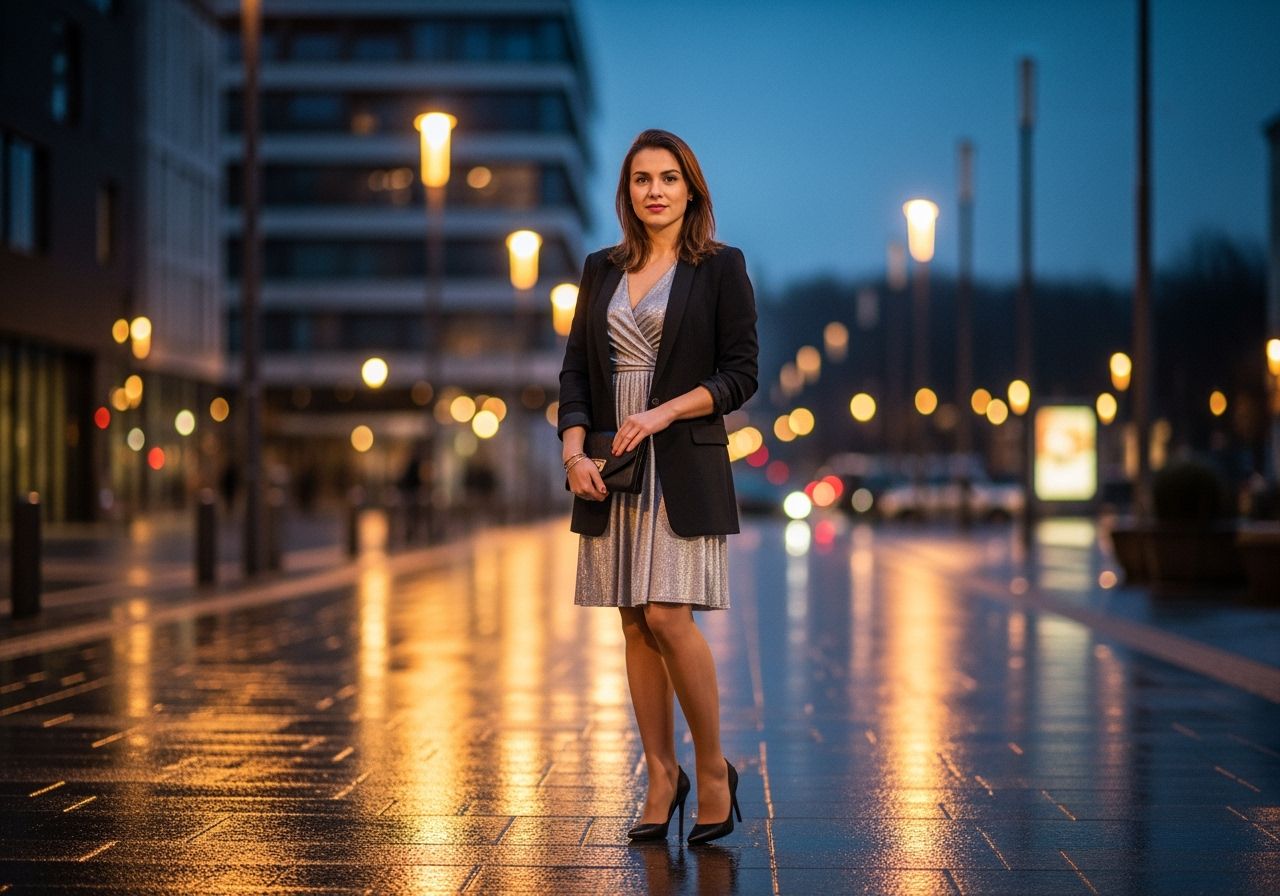 Mladá žena ve stříbrných šatech a černém saku stojí ve městě na Silvestra při večerním osvětlení.