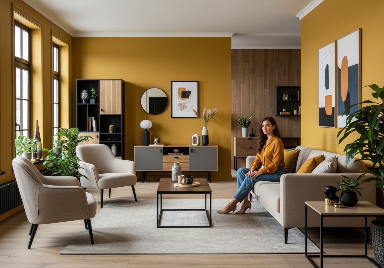 Moderní obývací pokoj s hořčicovými stěnami, béžovou sedačkou a ženou v hořčicové blůze.