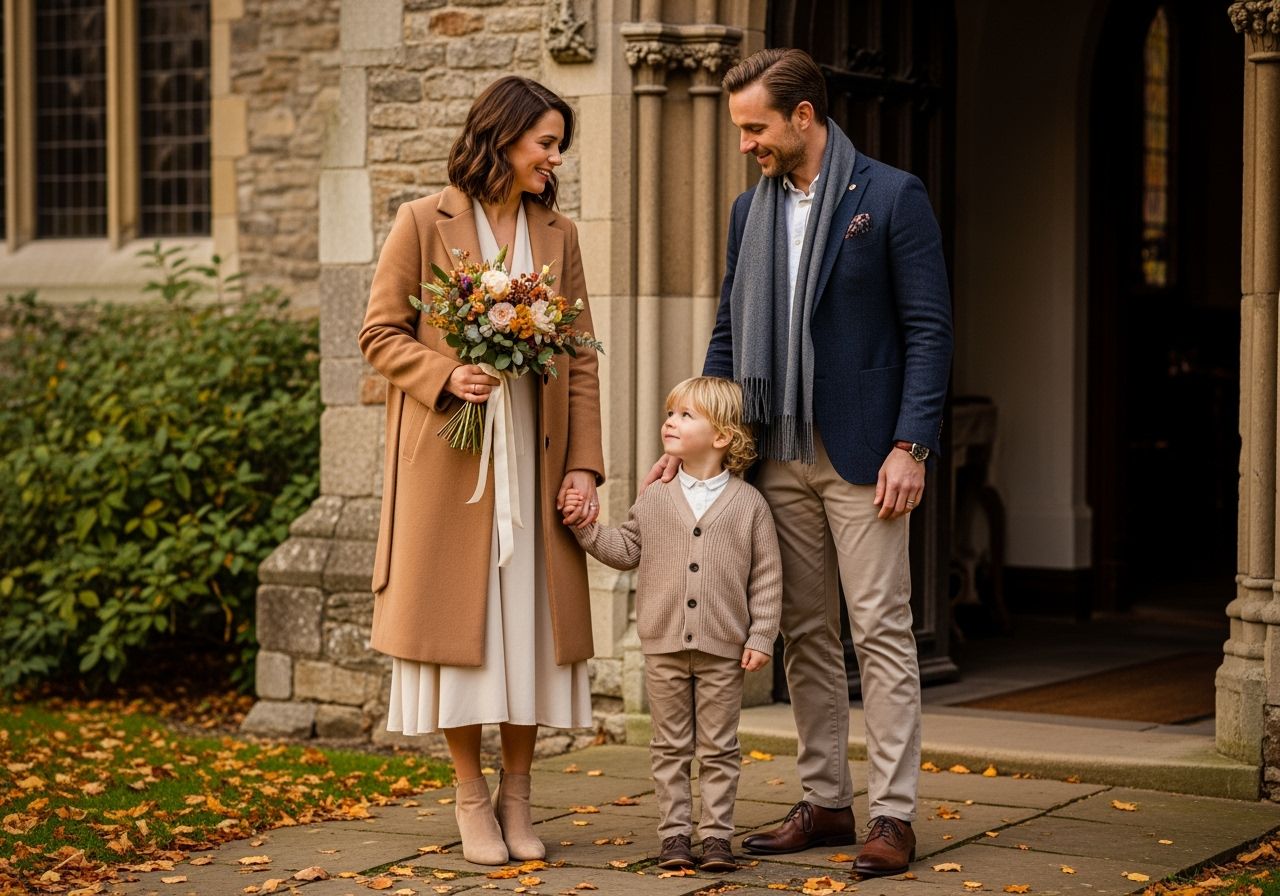 Rodina u historického kostela na podzim v oblečení na křest, s kyticemi a padajícím listím kolem.