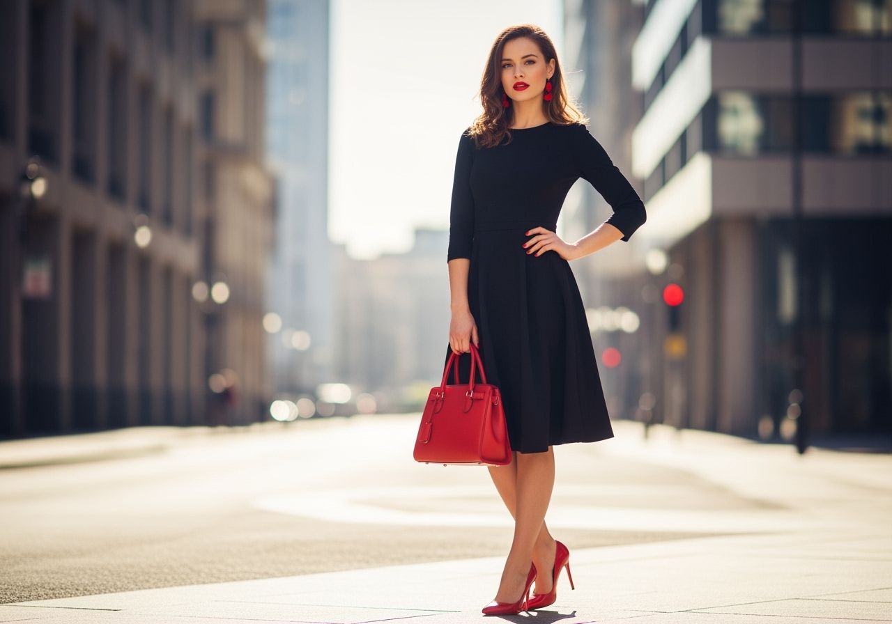 Mladá žena v černých šatech a červených doplňcích stojí ve městě za denního světla.