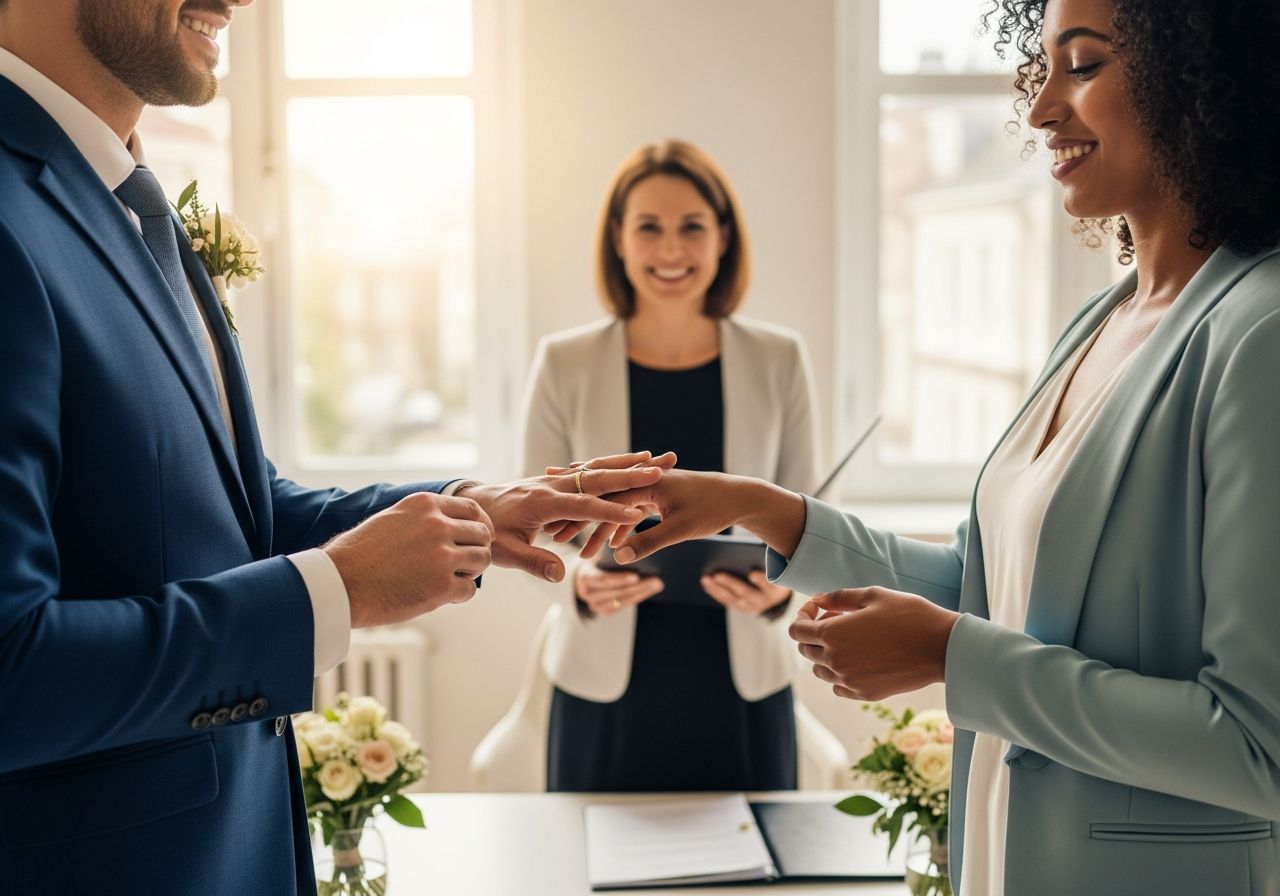 Pár si vyměňuje prsteny při občanském obřadu v moderní světlé kanceláři s úředníkem v pozadí.