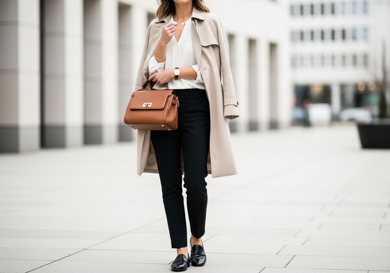 Žena v bílé blůze, béžovém trenčkotu a černých kalhotách s koženou kabelkou ve městě