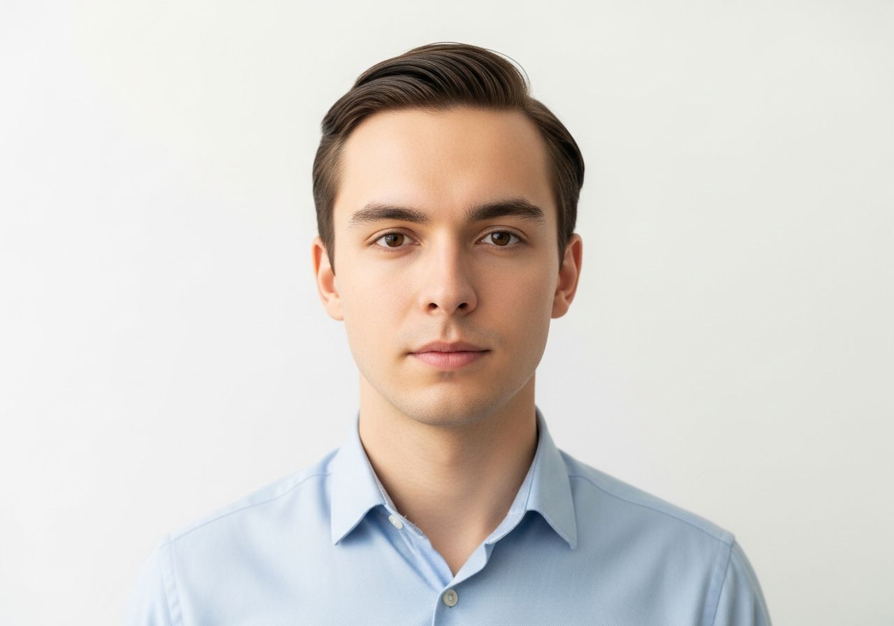 Mladý dospělý v modré košili na bílém pozadí, klidný výraz, ostré zaměření na oči.