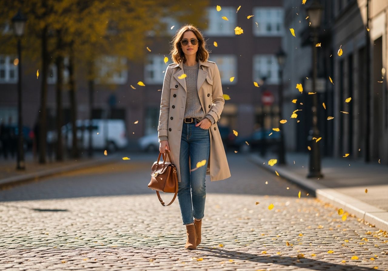Žena v lehkém trenčkotě a džínách stojí na dlážděné ulici během podzimu se spadanými listy.
