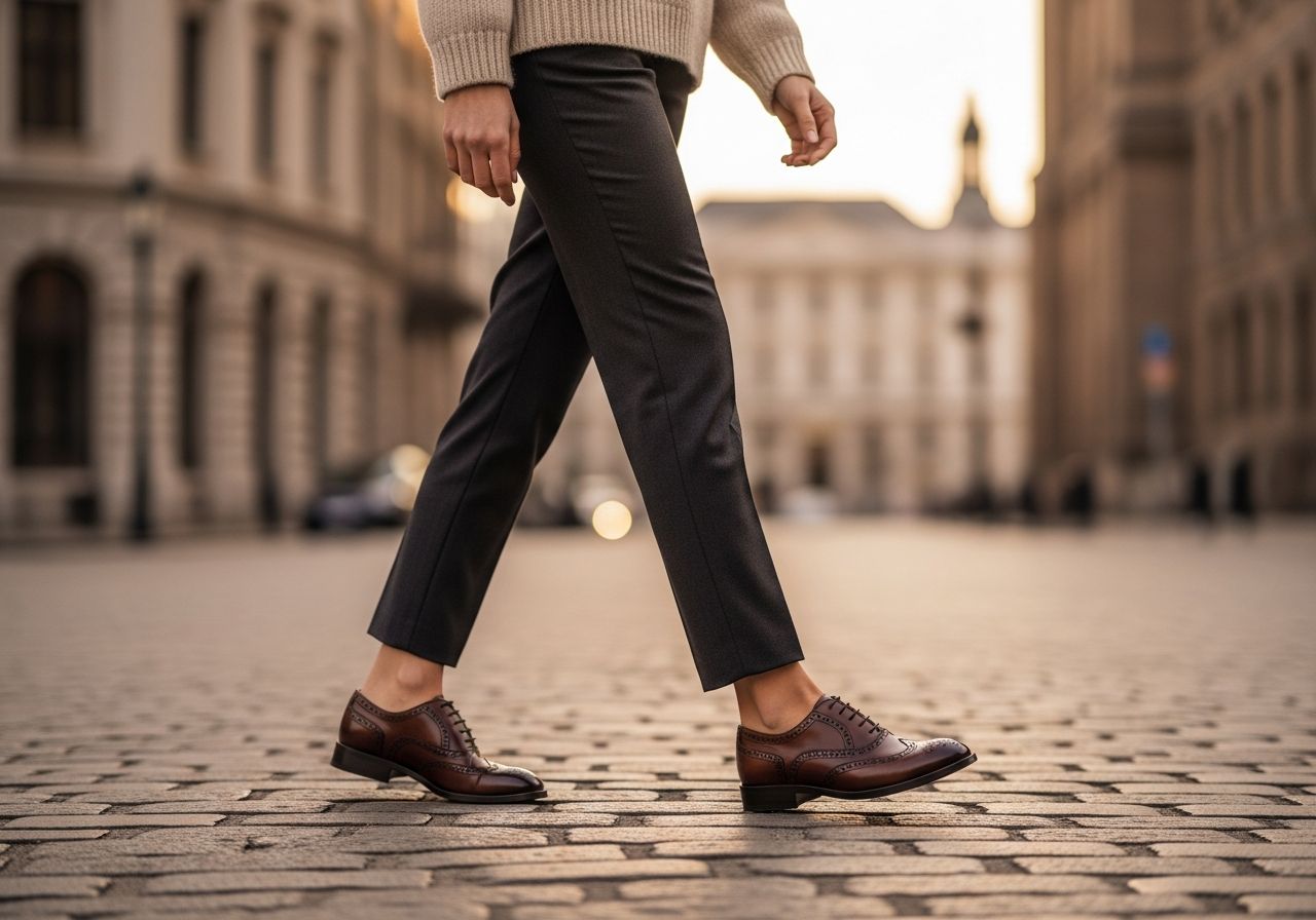 Žena v hnědých oxfordkách s brogue detaily kráčí po městě za zlaté hodiny.