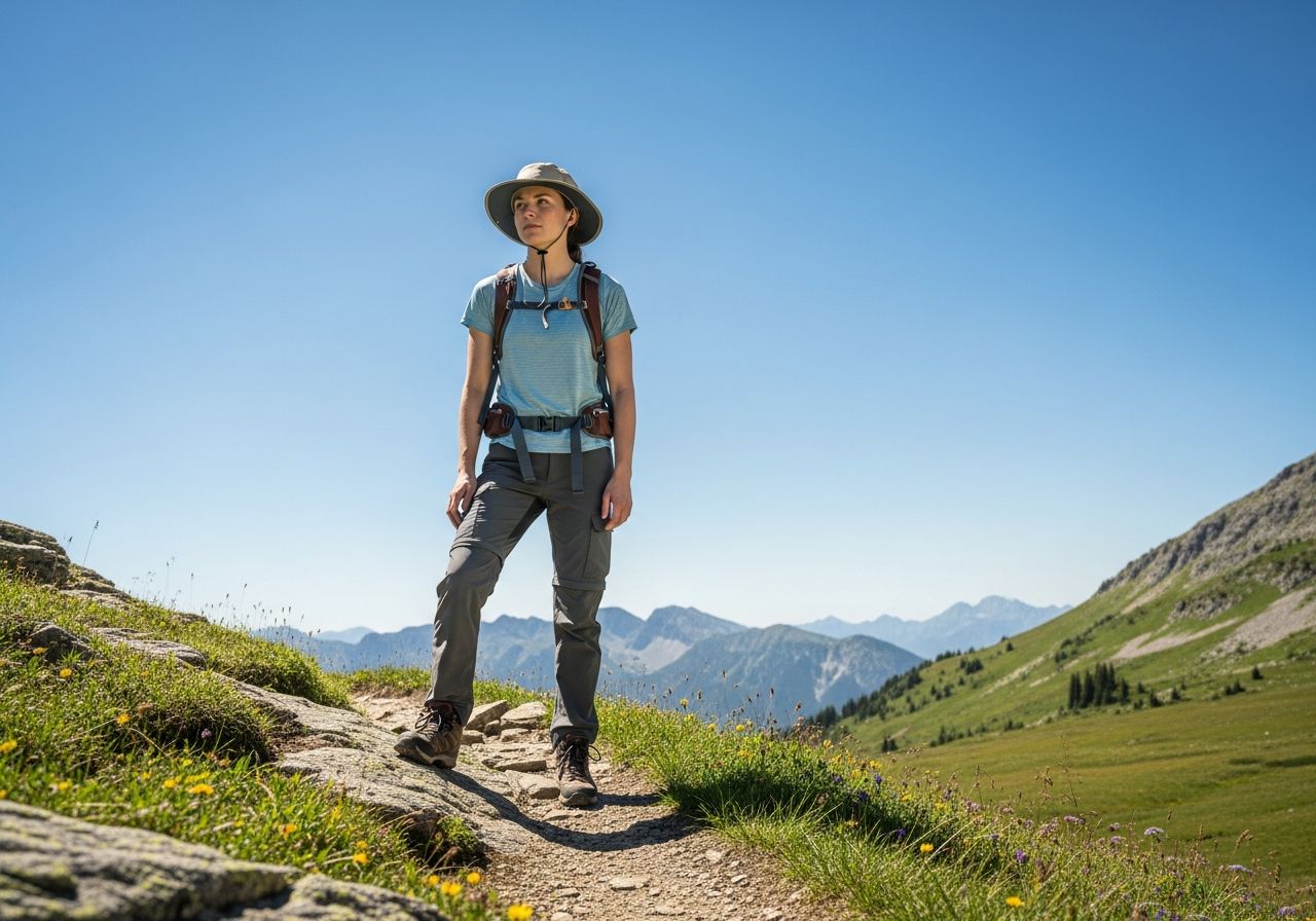 Mladý turista na horské stezce v létě, oblečený v lehkém oblečení, s batohem, modrá obloha a hory.