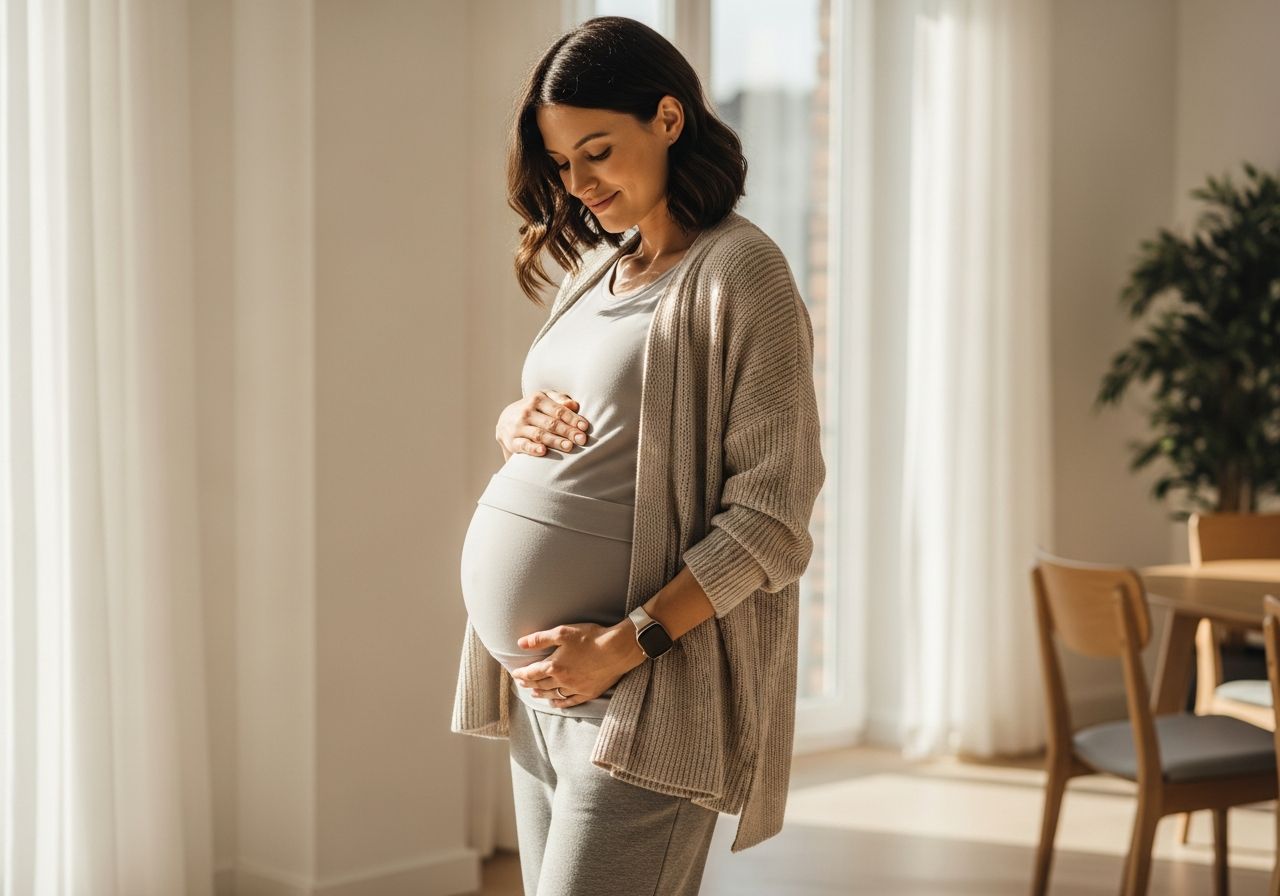 Těhotná žena v pohodlném těhotenském oblečení jemně drží břicho v světlém moderním pokoji