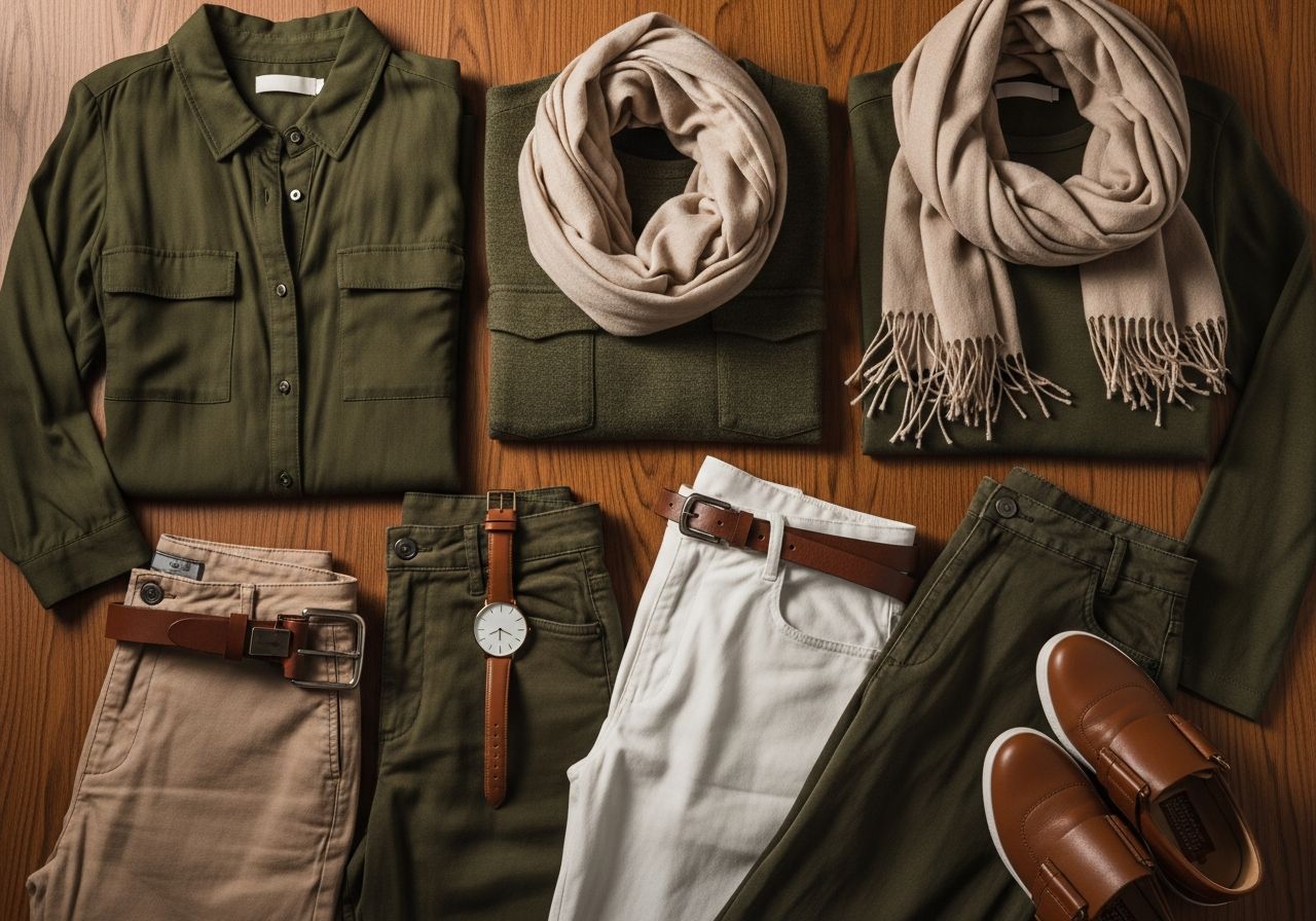 Moderní outfit s olivovými tóny, koženým pásem, béžovým šátkem a minimalistickými doplňky na dřevěném podkladu