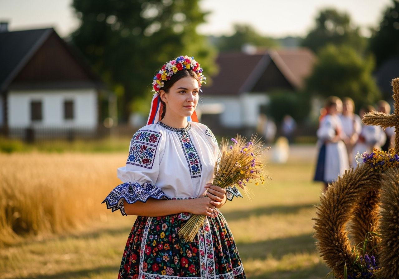 Mladá žena v kroji drží kytici obilí na dožínkové slavnosti na venkově za slunečného odpoledne