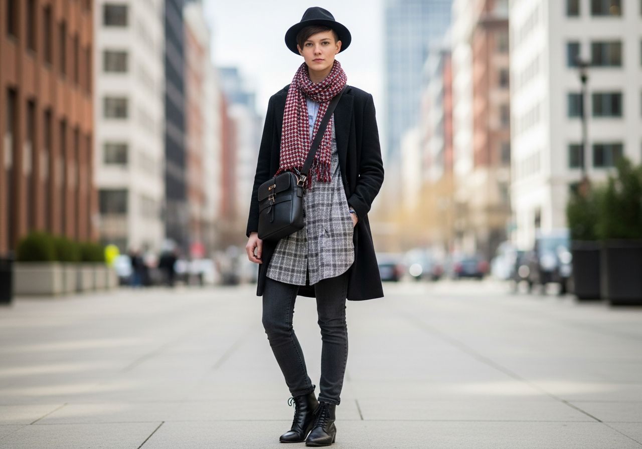 Mladá osoba v městském prostředí v moderním oblečení, měkké pozadí, denní světlo, detailní textura tkanin